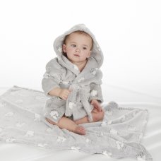 18C634: Baby Embossed All Over Print Lambs Hooded Dressing Gown (0-12 Months)